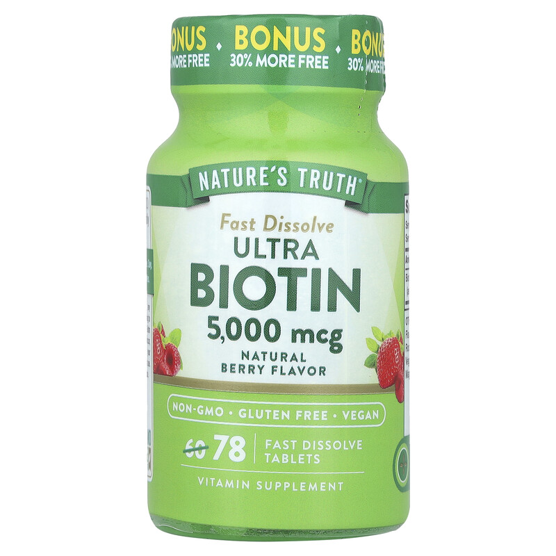 

Nature's Truth, Ultra Biotin, натуральные ягоды, 5000 мкг, 78 быстро растворяющихся таблеток
