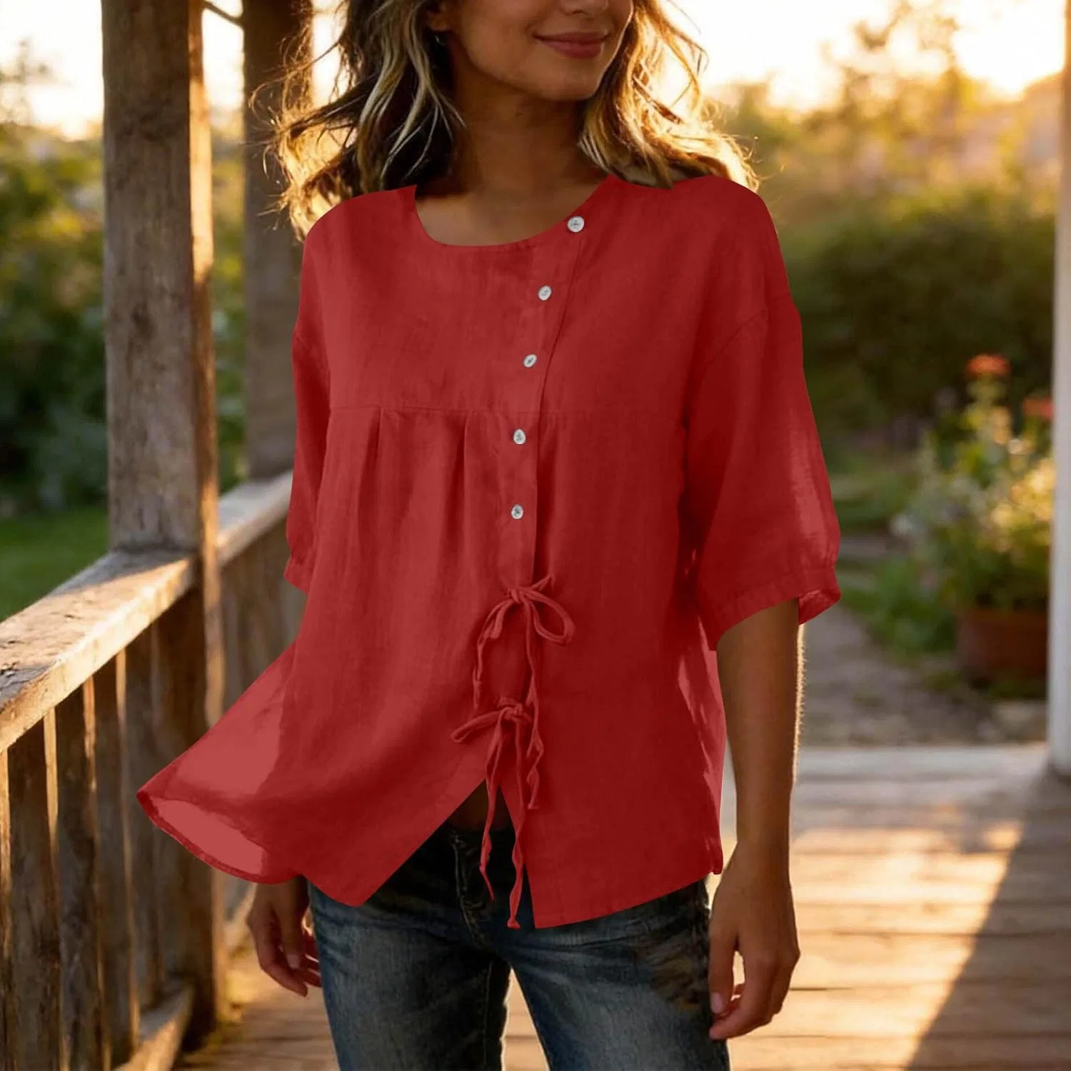 Женская блуза с коротким рукавом 3/4, Cotton Linen, завязка бантом, свободный крой, Red — фото 3