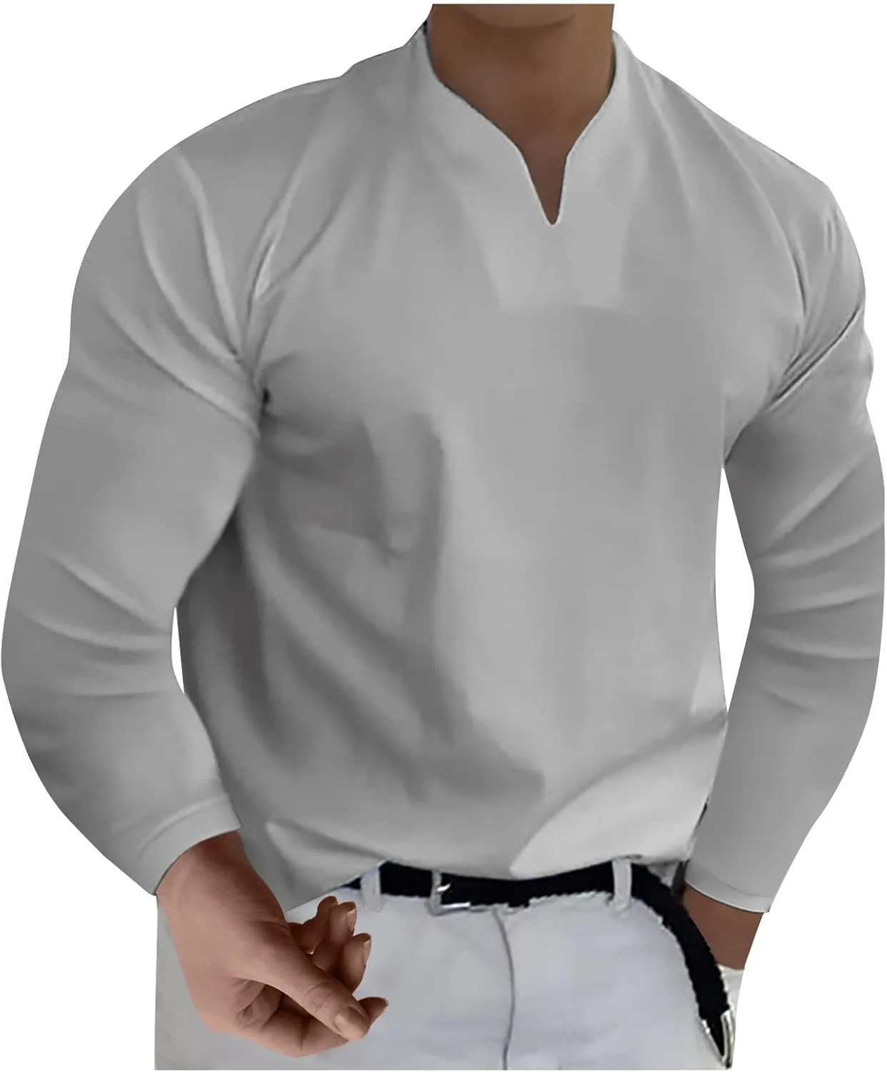 

Мужская футболка с длинным рукавом, V-образным вырезом и эластичной тканью, размеры M-5XL