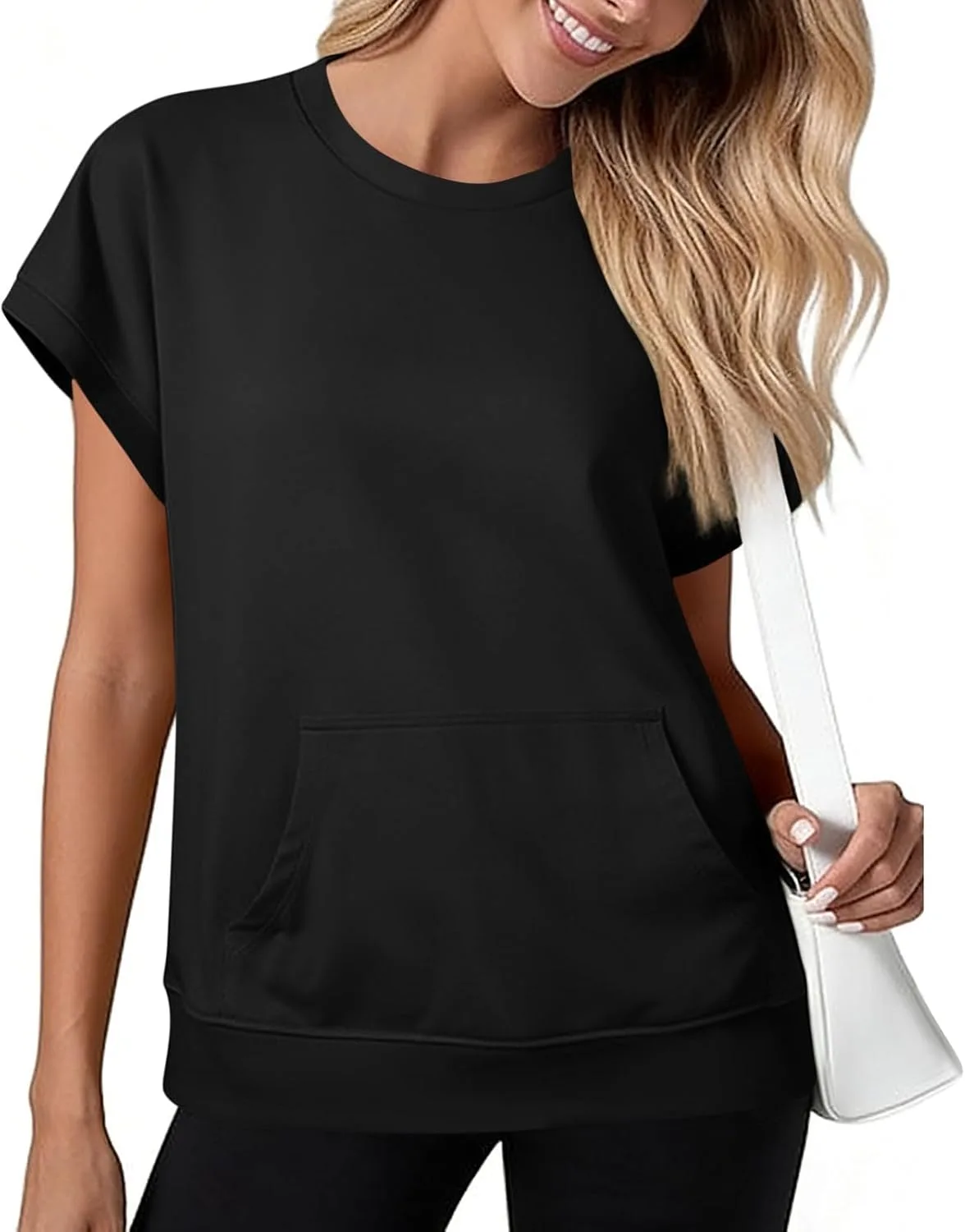 Женская летняя модная толстовка Casual Dressy Shirts с круглым вырезом и коротким рукавом, однотонная, с карманом Generic, черный