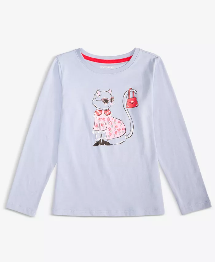 

Детская футболка с длинным рукавом и принтом кошки для девочек 5-20 Epic Threads, синий