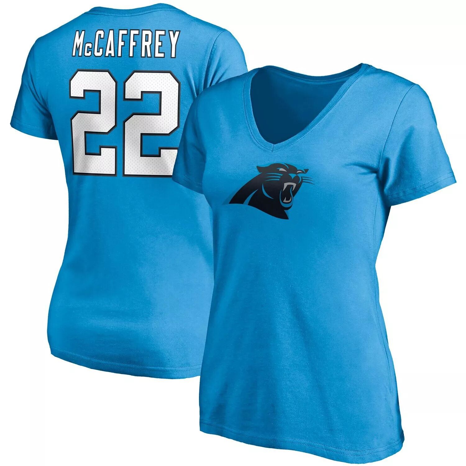 

Женская футболка Fanatics с логотипом Christian McCaffrey Blue Carolina Panthers, имя и номер игрока, футболка с v-образным вырезом Fanatics