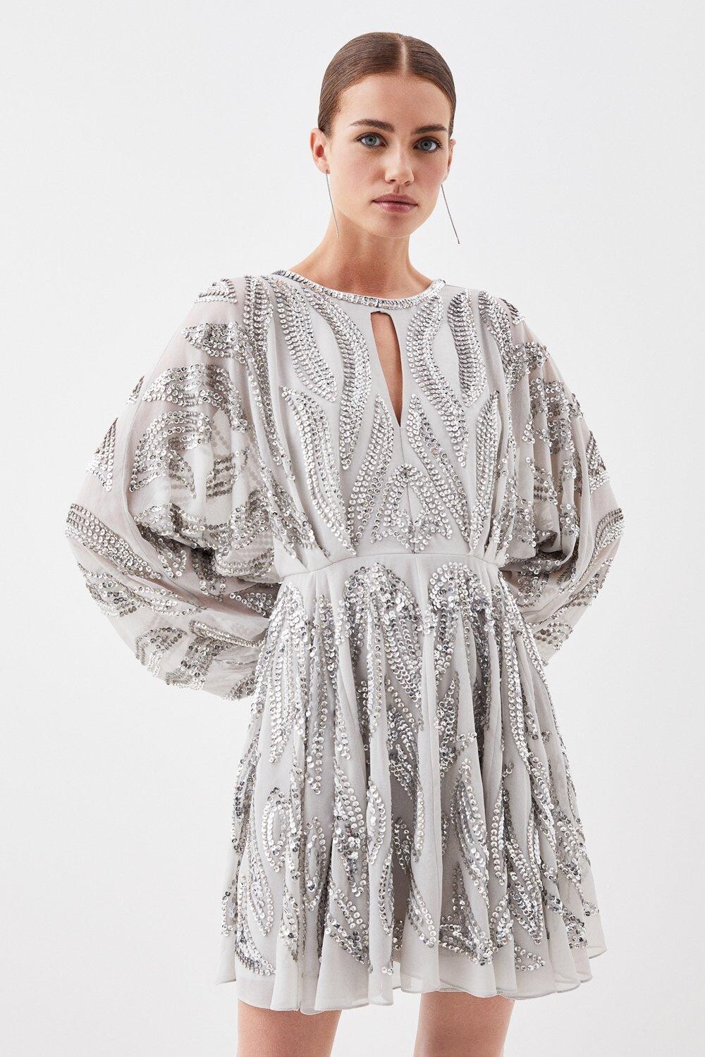 

Мини-платье Petite с рукавами-кимоно и украшением Karen Millen, серебро