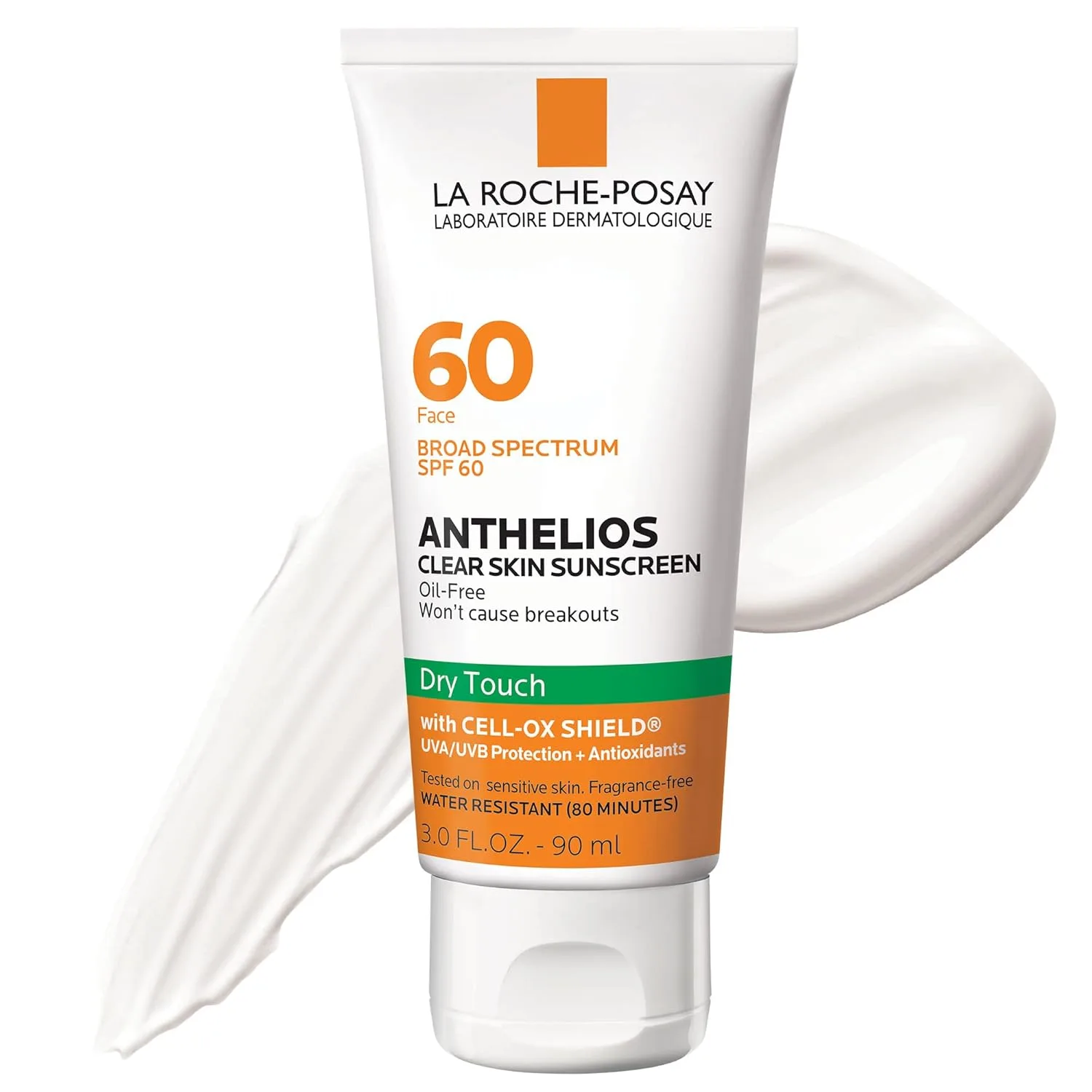 La Roche-Posay Anthelios Clear Skin солнцезащитный крем Dry Touch SPF 60, для лица, без масла, матирующий, широкий спектр SPF с антиоксидантами, нежирный, без оксибензона, дорожный размер 89 мл (1 шт.), White