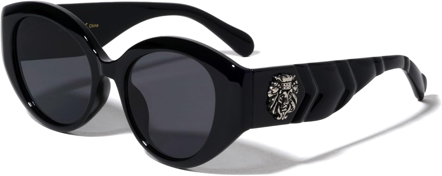 

Kleo Highness - Большие ретро-солнцезащитные очки в форме «кошачий глаз» с закругленными боковыми линзами и медальоном в виде головы льва, в стиле хип-хоп, LH-P4058, Black