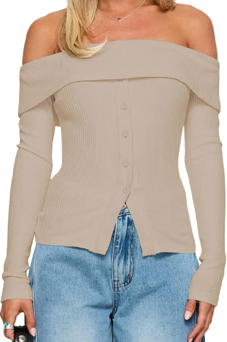 

Модная водолазка с длинным рукавом для женщин Off Shoulder Ribbed Knit Slim Fit Lexamen
