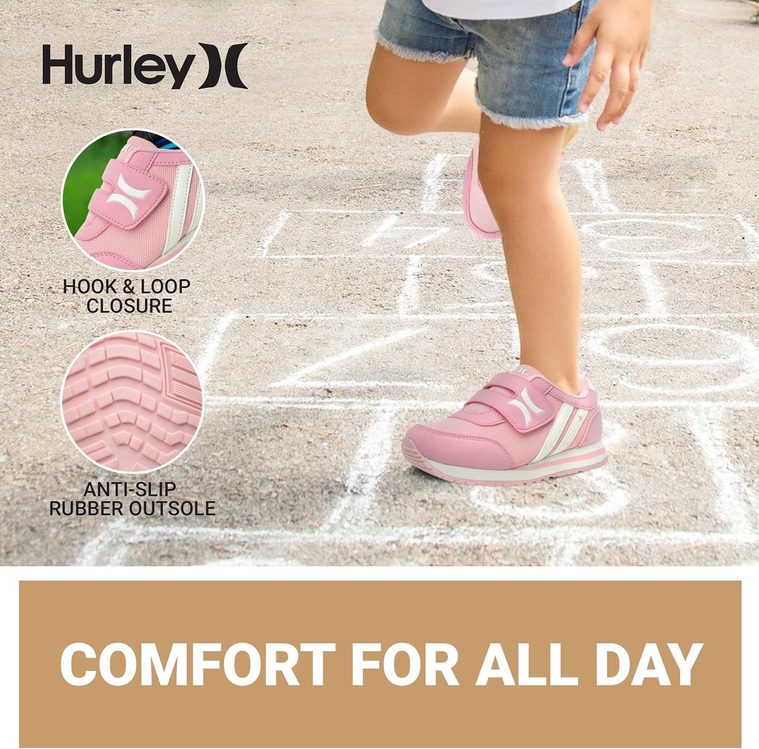 Детские кроссовки Hurley Kid's Knox для ходьбы - детские кроссовки с липучкой для легкого надевания, легкие обувь для бега и ходьбы для мальчиков и девочек, кроссовки для малышей, белый/розовый — фото 4