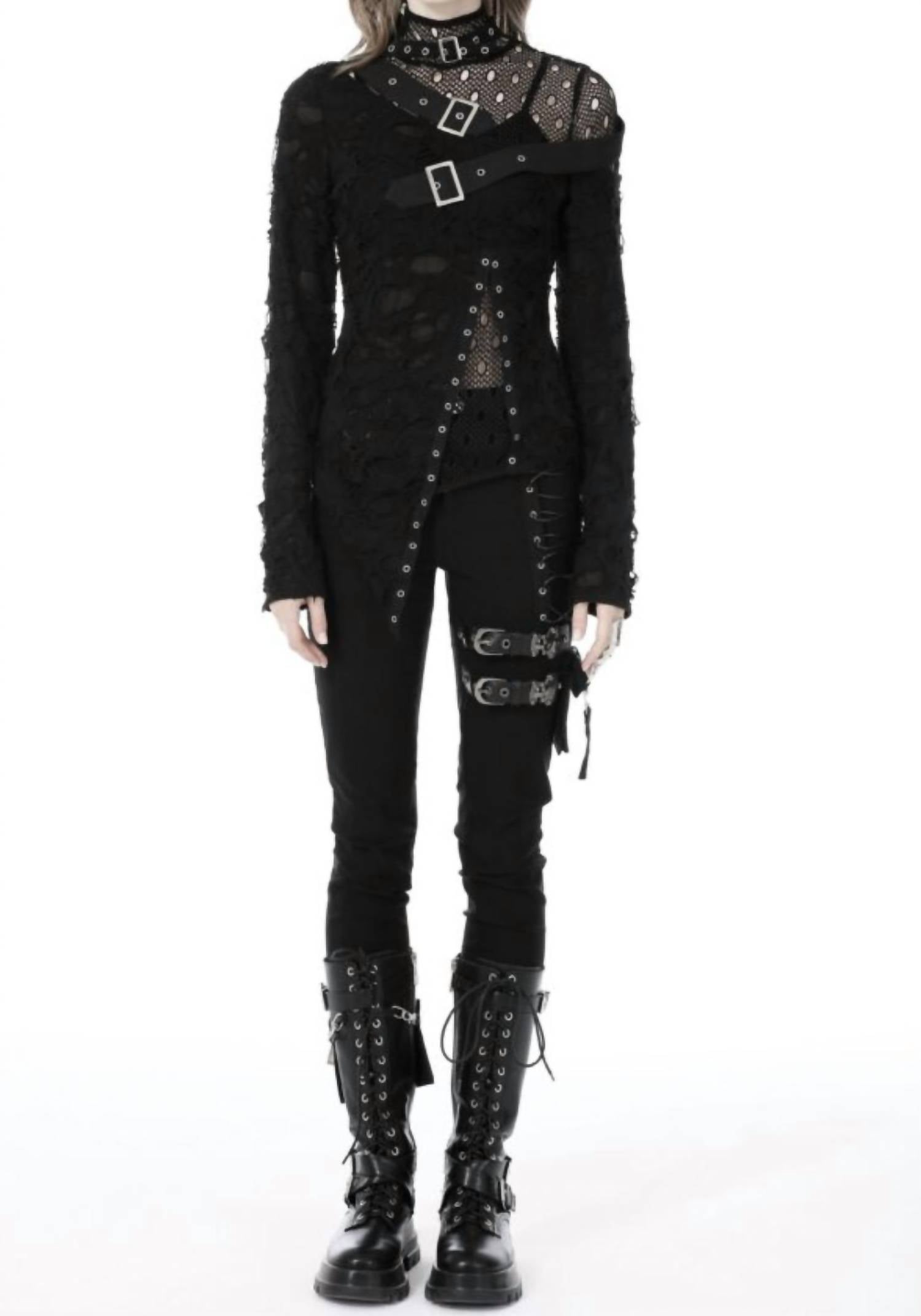 

Потертая панковская рубашка с длинным рукавом и пряжками в черном цвете DARK IN LOVE