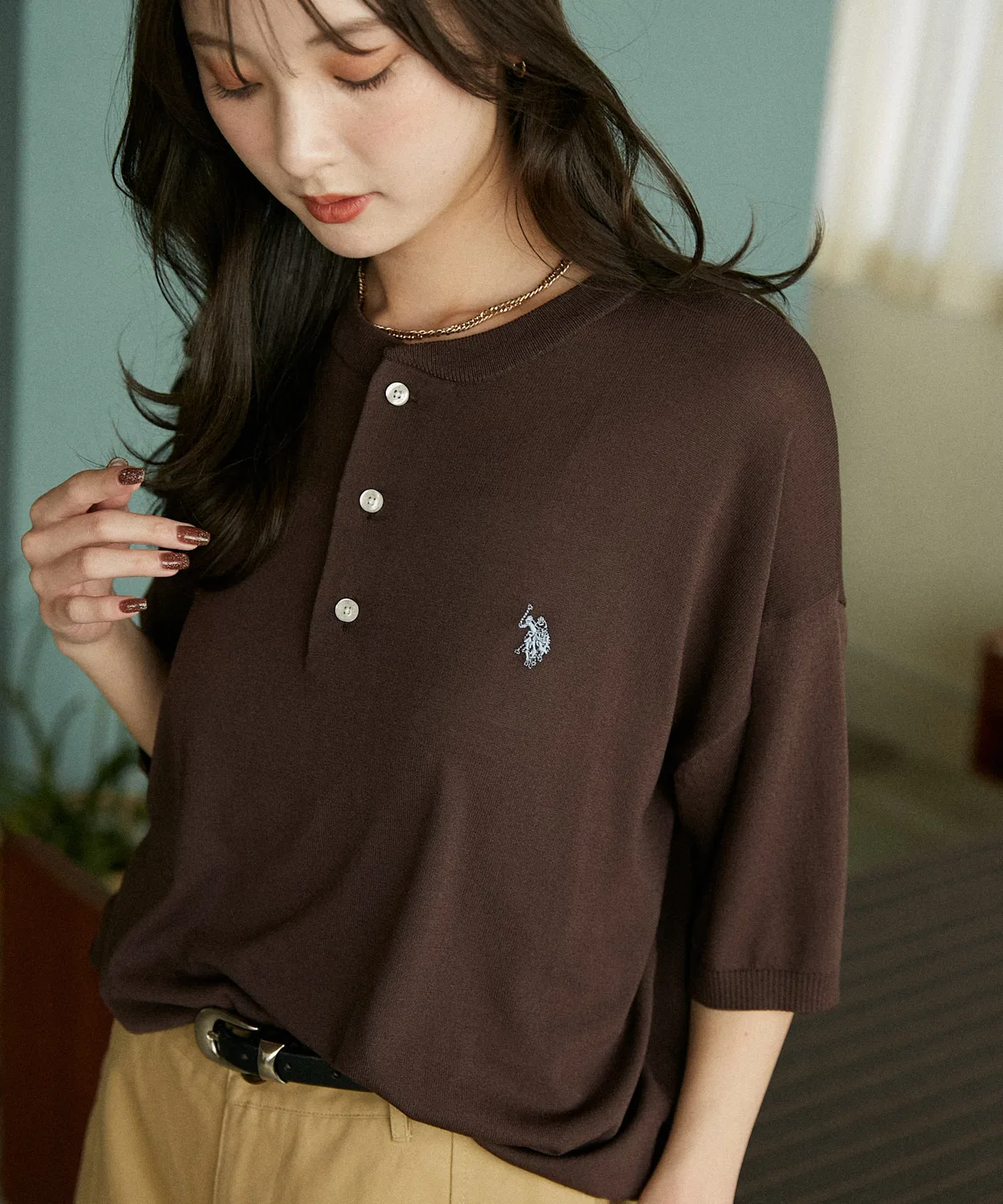 Хенли-свитер контактной прохлады U.S. POLO ASSN. × PUBLUX, полуприлегающий, коричневый