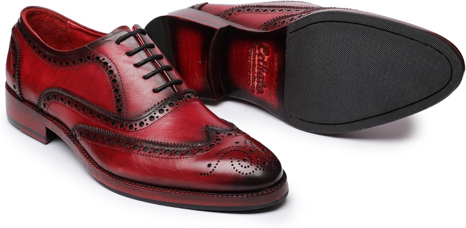Мужские туфли оксфорды Lethato Wingtip Brogue ручной работы из натуральной кожи с шнуровкой, красный — фото 2
