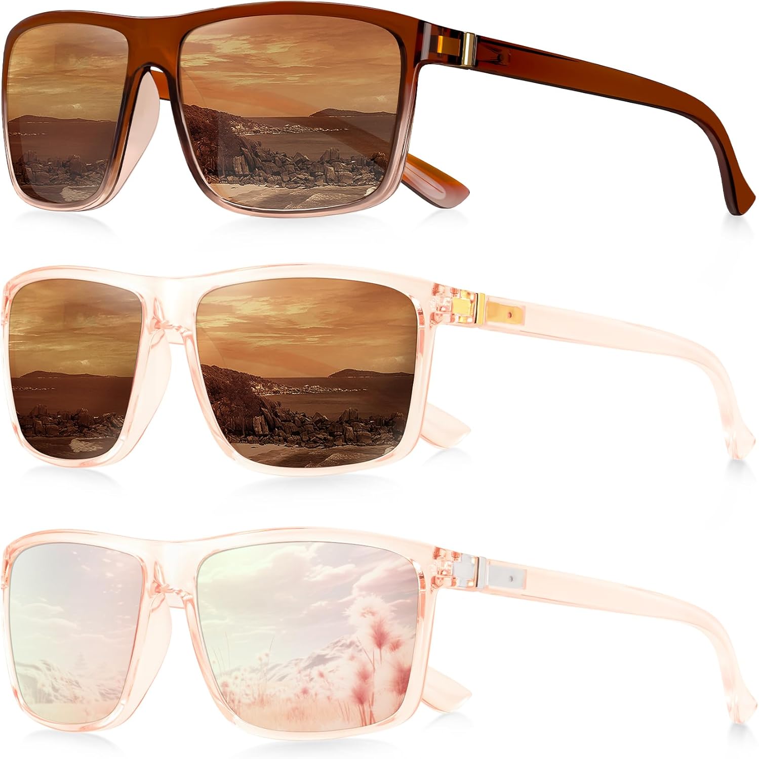 

Мужские поляризованные солнцезащитные очки NSSIW: классические солнцезащитные очки с защитой UV400 для вождения, рыбалки, гольфа, комплект из 3 штук, Translucent Brown+gradient Brown+light Pink