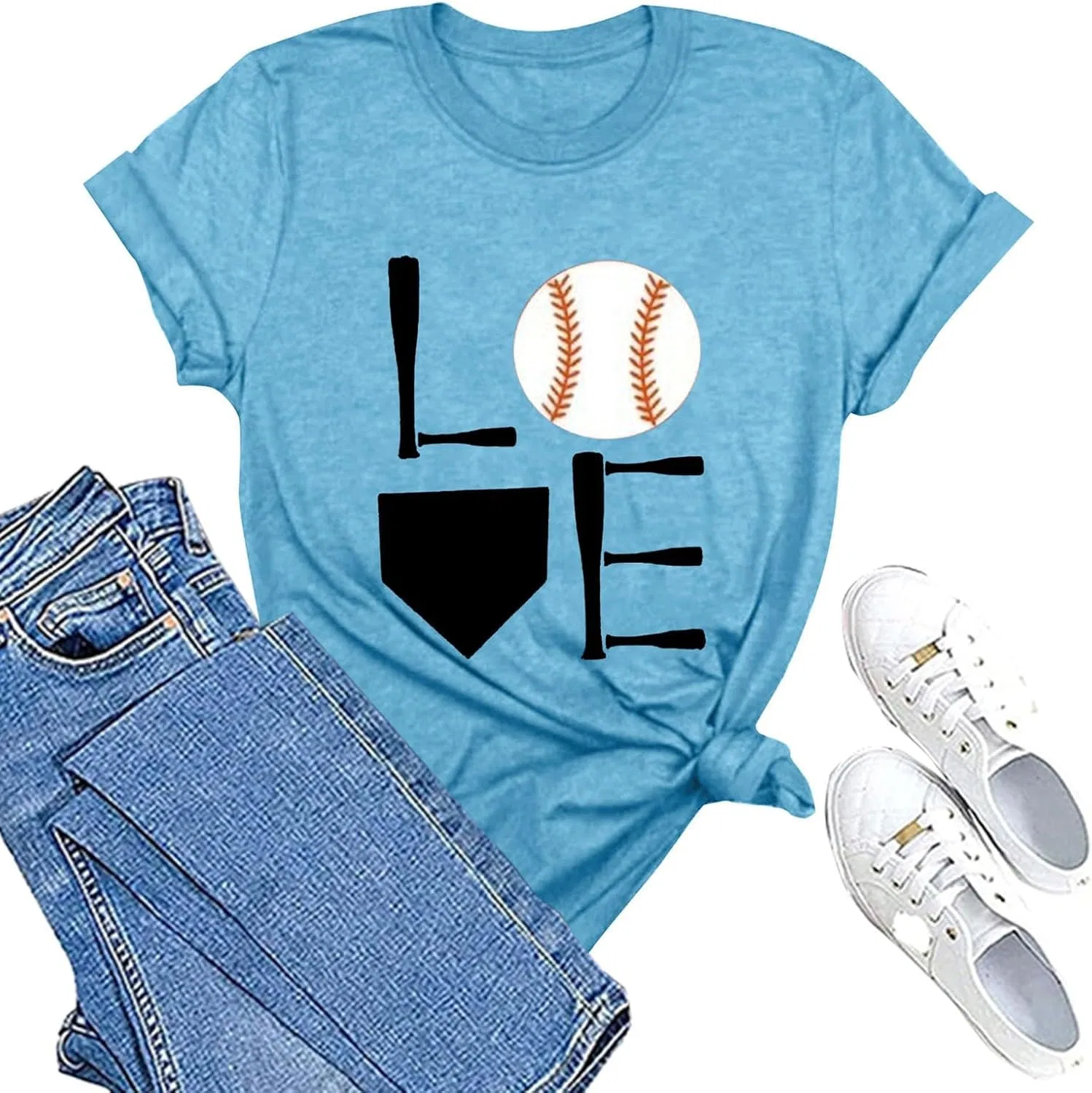 Блуза с принтом, Casual Blouse for Women's Baseball Letter Print, голубой — фото 2