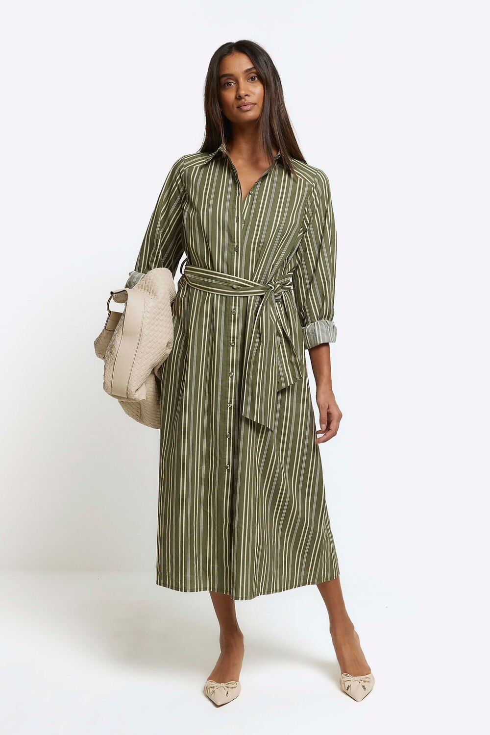 

Платье-Рубашка миди с воздушными полосками River Island, хаки