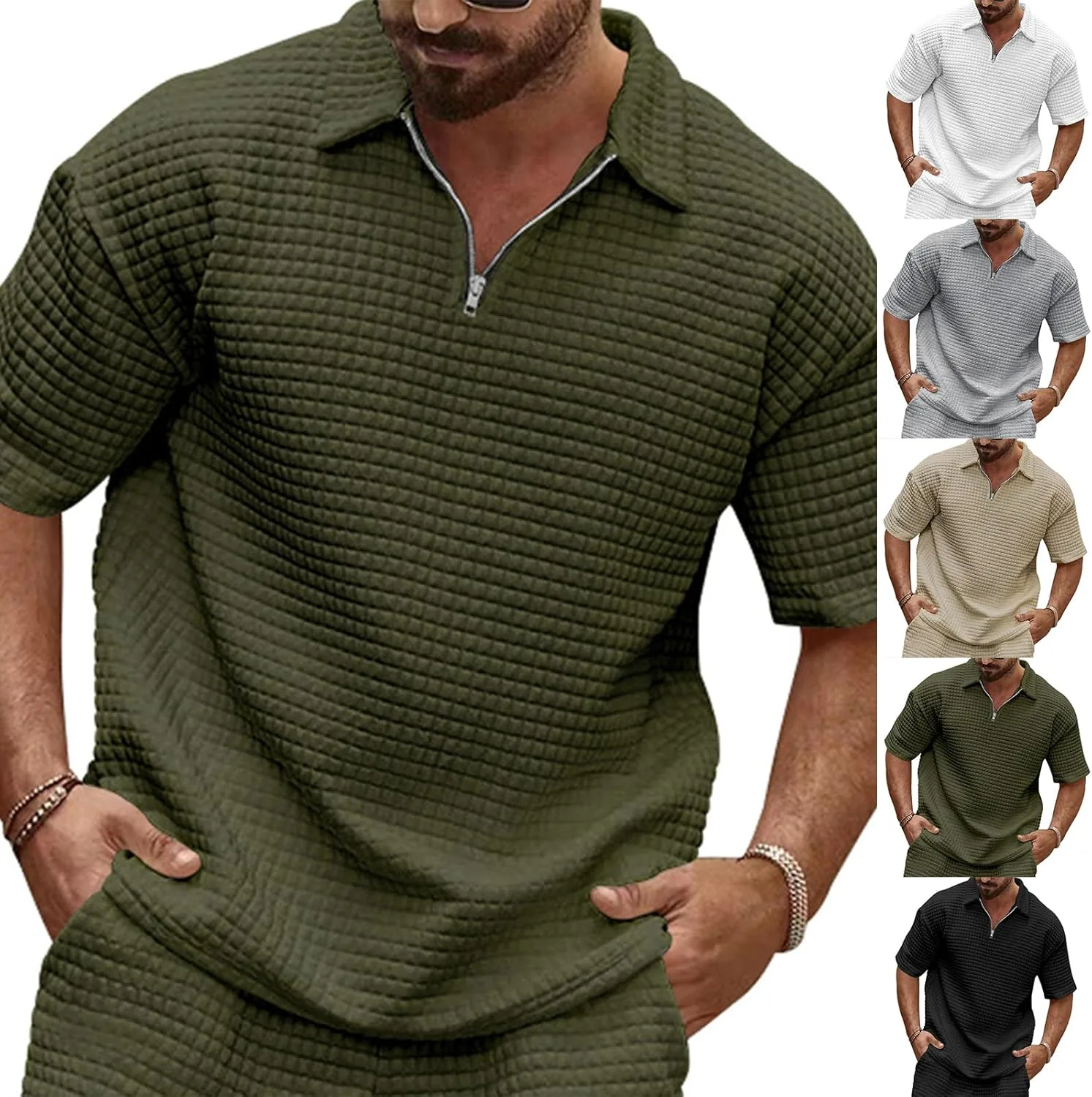 

Мужская поло с коротким рукавом и молнией на четверть, вязаная RSZGSWS