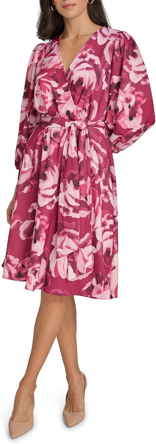 

Женское платье-трапеция Calvin Klein с длинным рукавом, поясом и воротником, Mulberry Multi