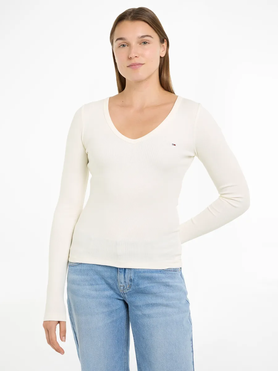 

Рубашка Tommy Jeans с длинными рукавами "TJW SLIM ESSENTIAL RIB V LS", в рубчик, с вышивкой логотипа, белый