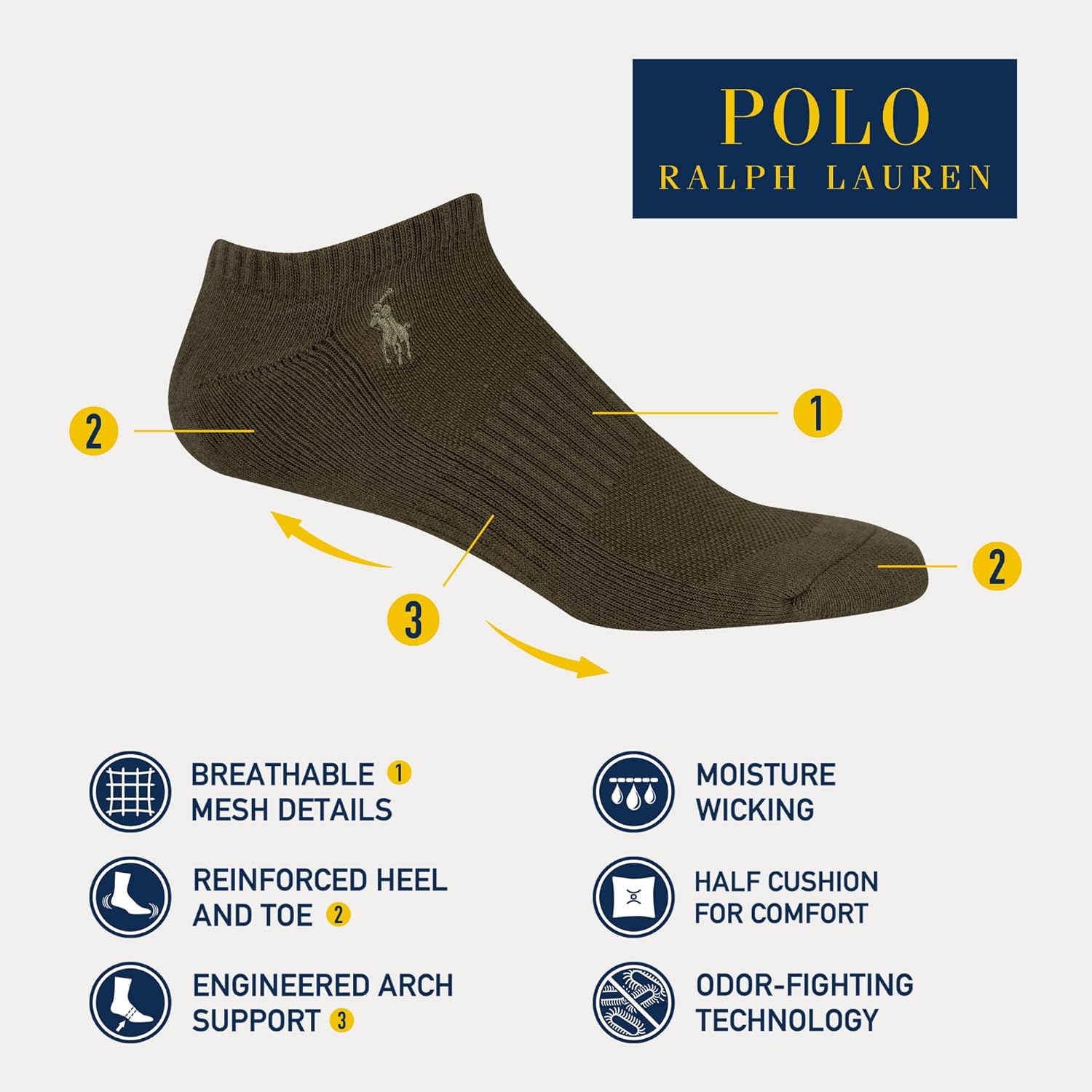POLO RALPH LAUREN мужские спортивные хлопковые носки низкие - набор 6 пар - влагоотводящая сетка, Olive Assorted — фото 2