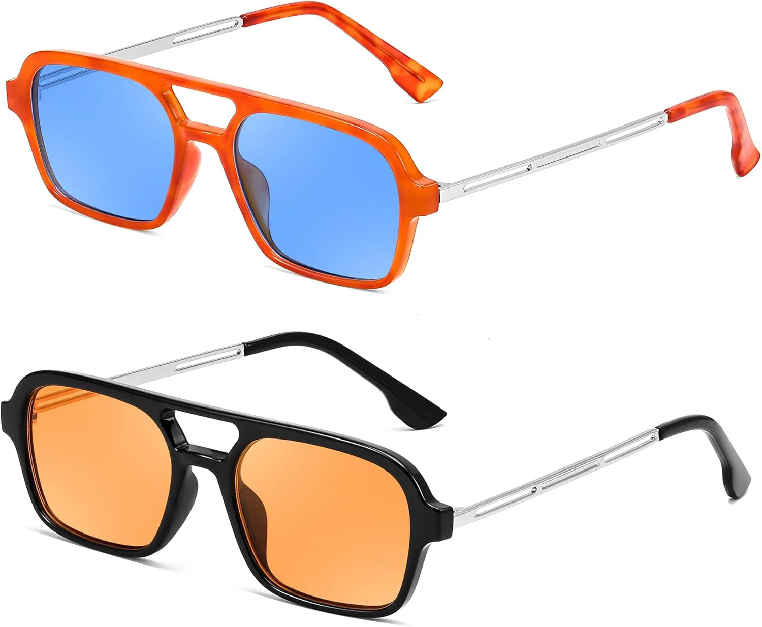 

Винтажные квадратные солнцезащитные очки-авиаторы FEISEDY 70-х годов, плоские, металлические, для женщин и мужчин, модель B2752, 2 Pack - Orange/Blue + Black/Yellow