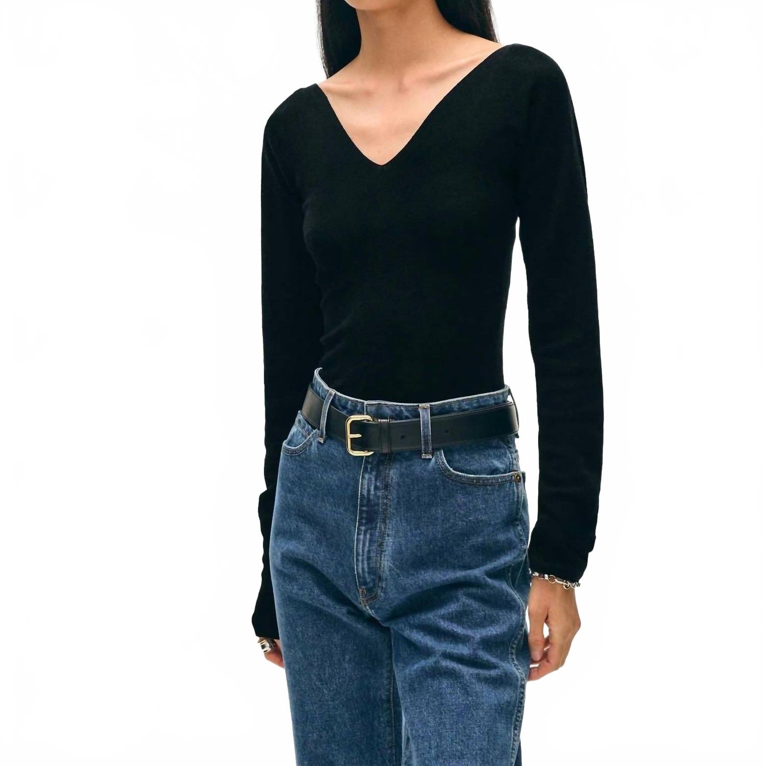 

Топ из супертонкой мериносовой шерсти в рубчик с V-образным вырезом, черный White + Warren, черный