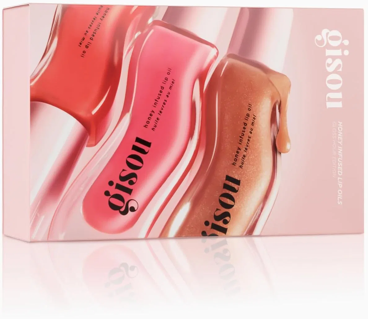 Набор блесков для губ Gisou Honey Infused Drip Oil, оттенки Raspberry Swirl, Bellini Peach и Glazed Plum, 3 шт