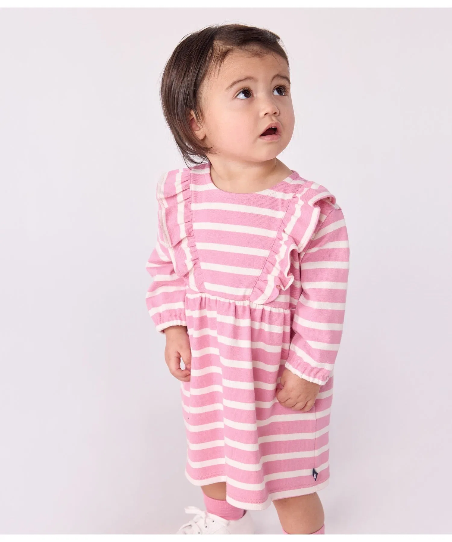Детское платье в полоску с оборками Petit BATEAU бело-розовое