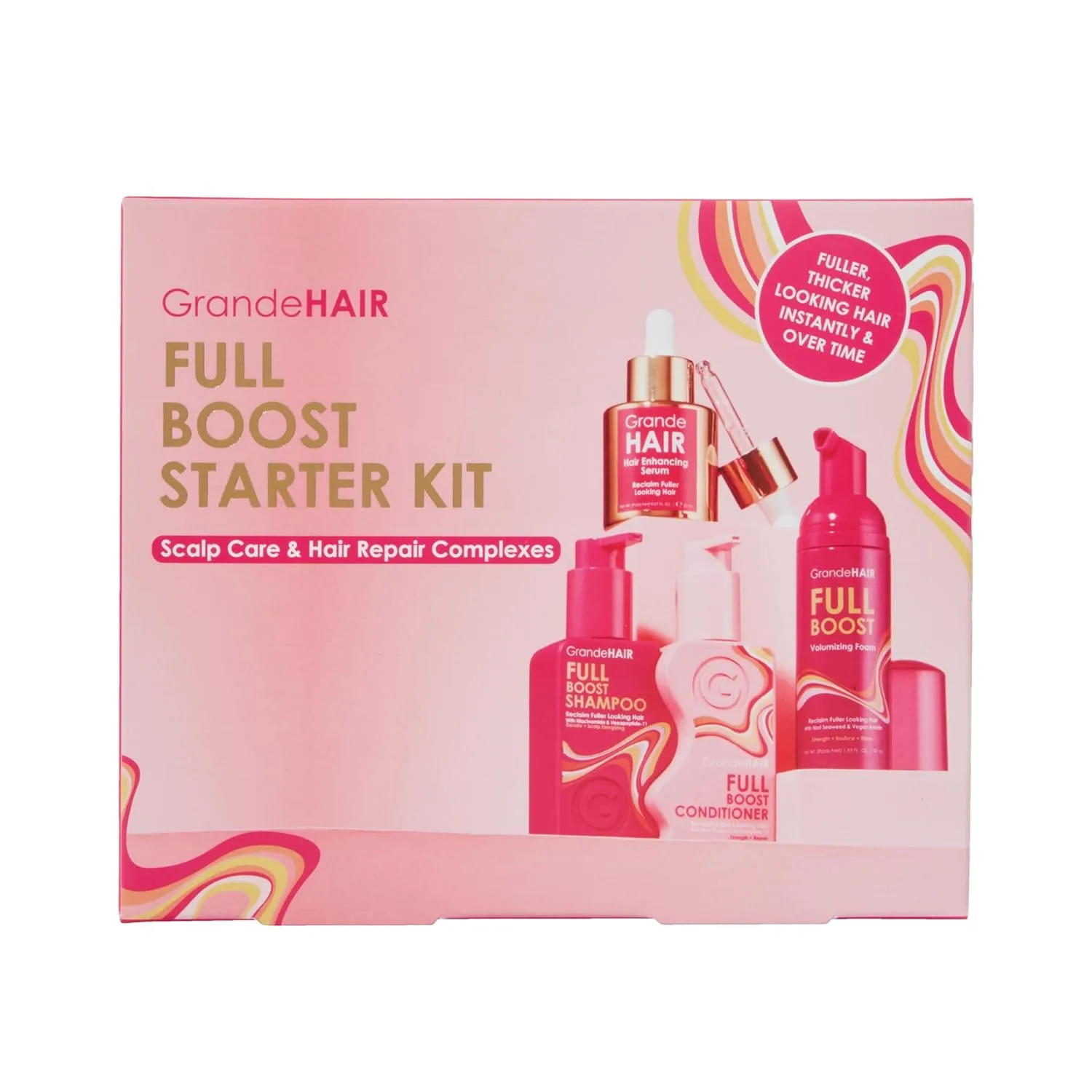 Стартовый набор Grande Cosmetics GrandeHAIR Full Boost - шампунь, кондиционер, пенка для придания объема и сыворотка для усиления эффекта - для более густых и пышных волос.
