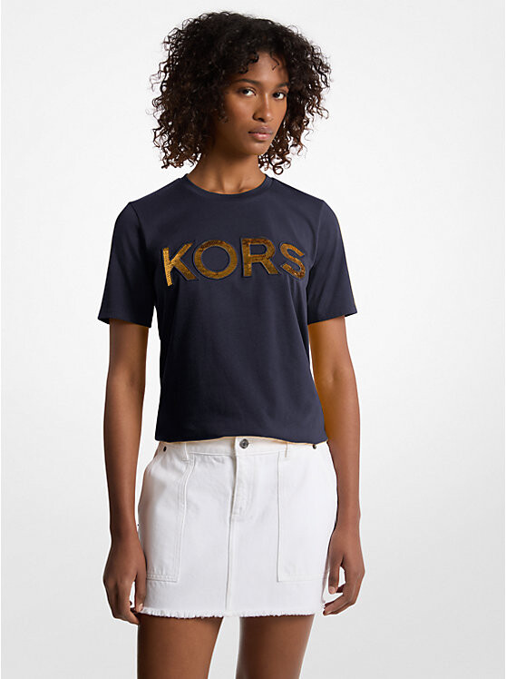 

Футболка из хлопка с логотипом, расшитым пайетками Michael Kors, синий