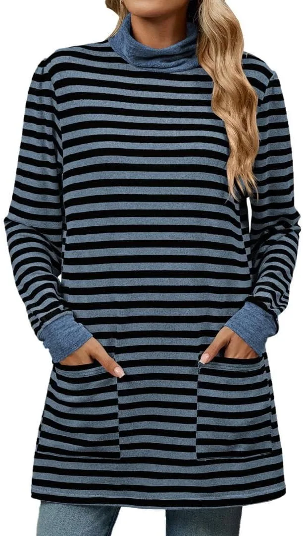 

FMCHICO Женская повседневная полосатая туника с длинным рукавом и карманами