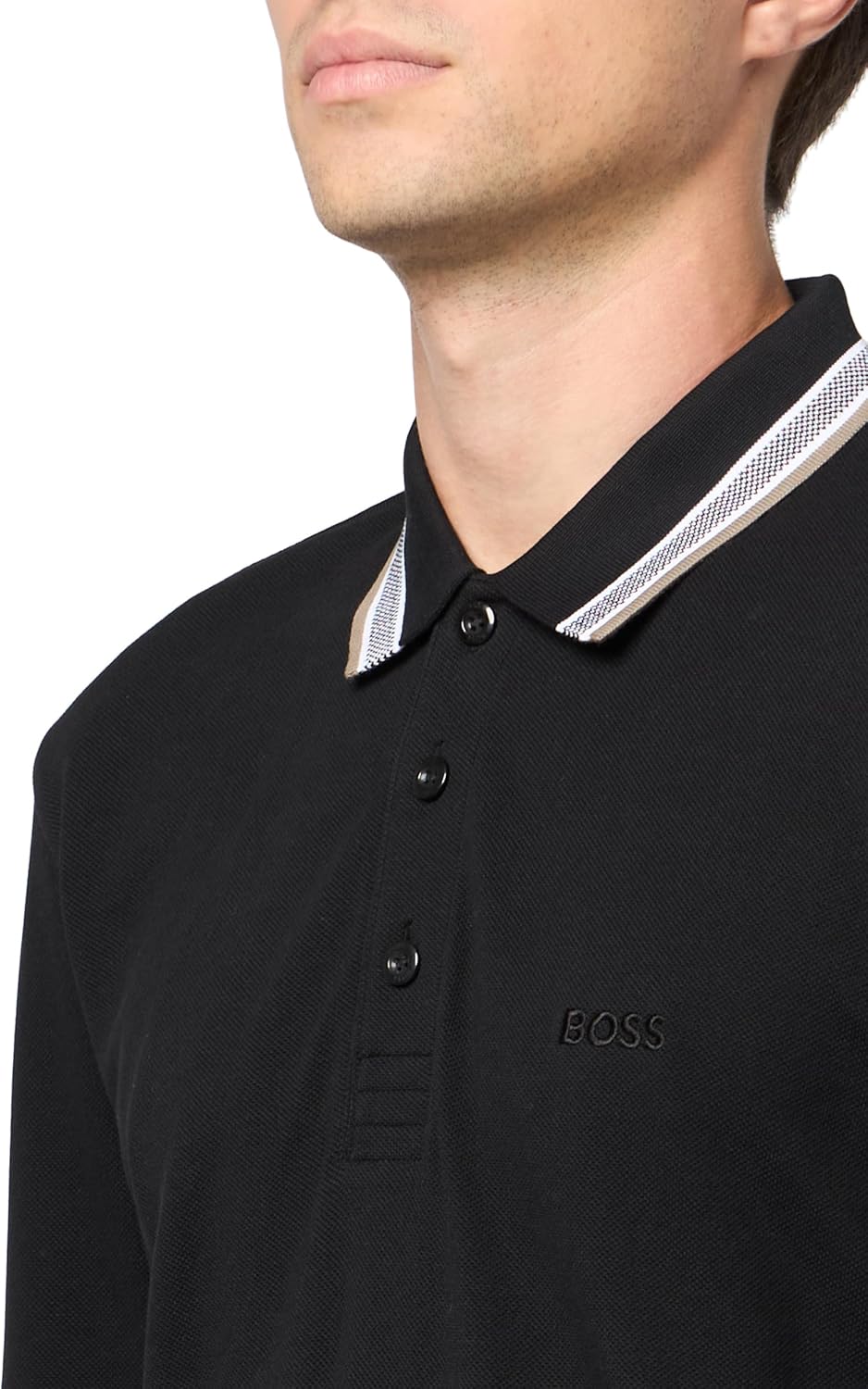 BOSS Мужская поло с длинным рукавом из плиссированного хлопка, Black Olive — фото 3