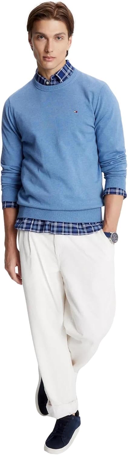 Мужской фирменный однотонный свитер с круглым вырезом TOMMY HILFIGER из коллекции 2025 года, Denim Blue Heather. — фото 2