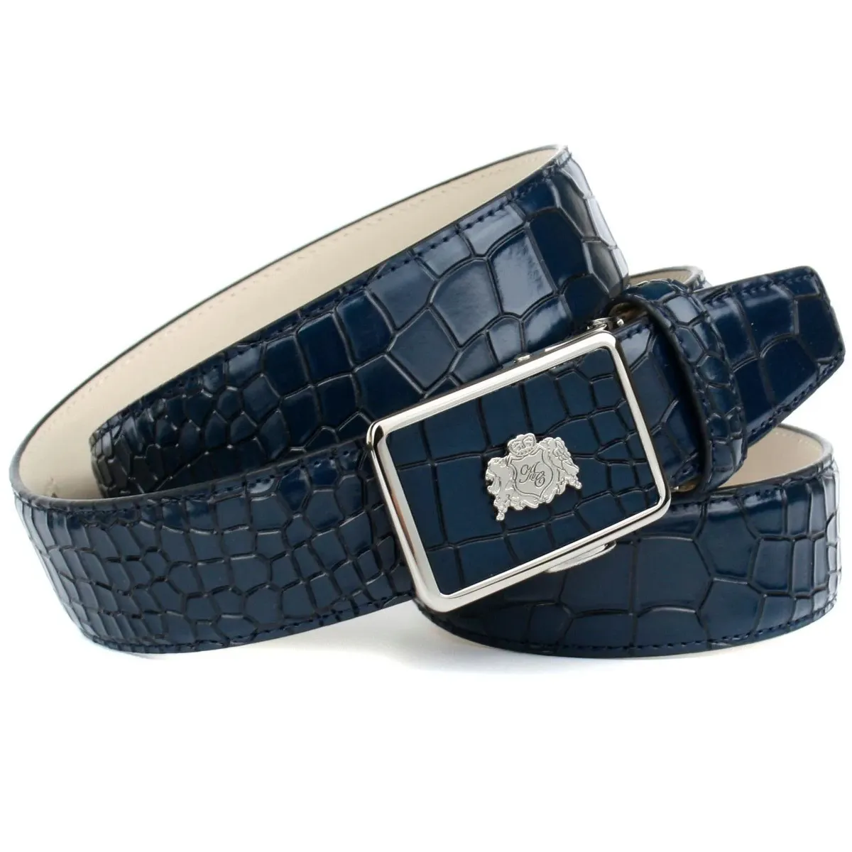 

Ремень Anthoni Crown из кожи крокодила с серебристым гербом, синий