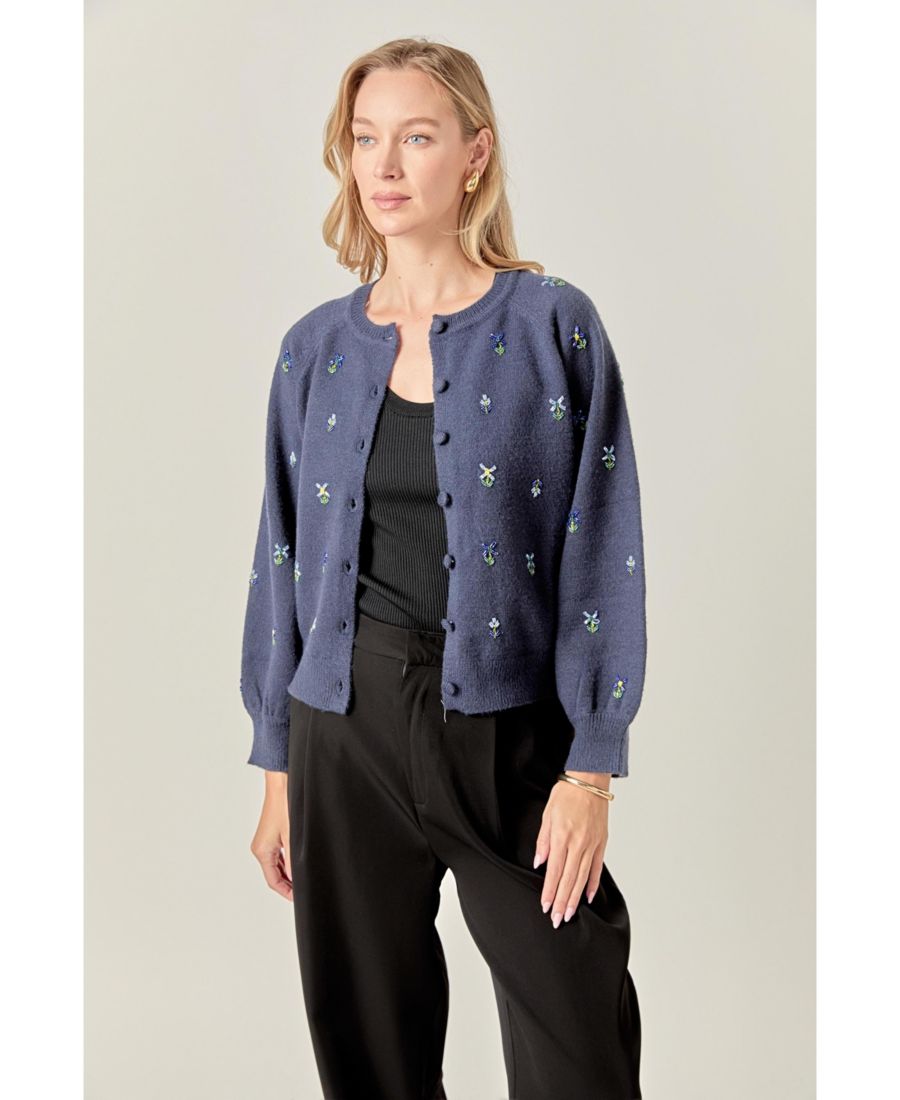 

Женский кардиган с круглым вырезом и цветочным узором из бусин English Factory, Navy