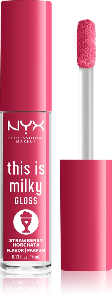 

Это увлажняющий блеск для губ Milky Gloss Milkshakes с ароматом Nyx Professional Makeup, atspalvis 10 strawberry horchata 4 мл