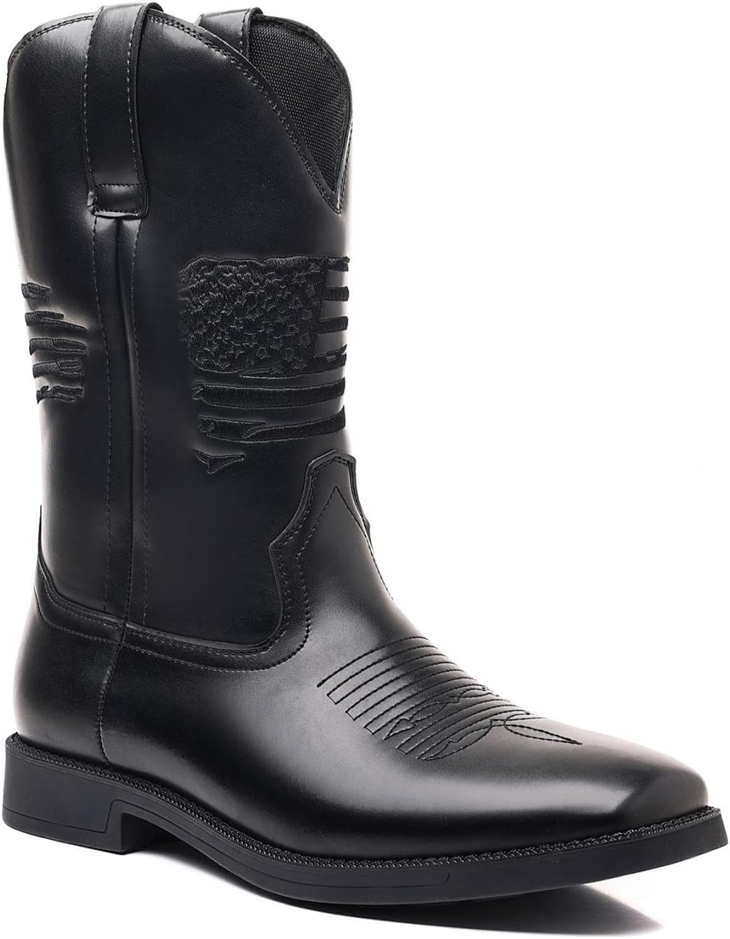 

Винтажные ботинки JHTZXEEI, ковбойские сапоги, элементы флага «Звезды и полосы», вышитые классические западные сапоги, отслеживание патриотов, черный