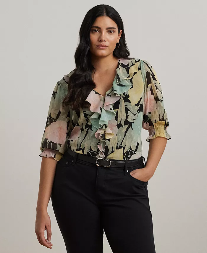 

Блузка с цветочным принтом и рюшами из жоржета, plus size Lauren Ralph Lauren, черный