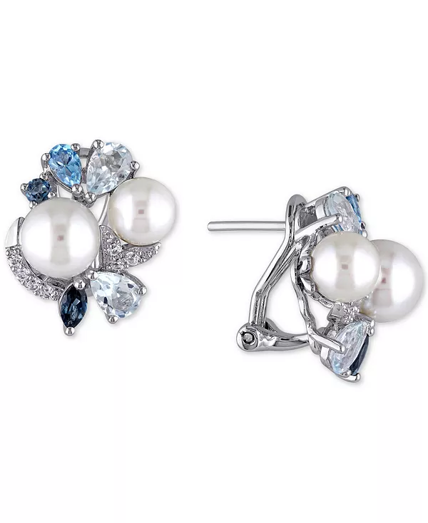 

Серьги-Гвоздики с культивированным пресноводным жемчугом (6-1/2 и 7-1/2 мм) и разноцветными топазами (3 карата) из стерлингового серебра Macy'S, silver