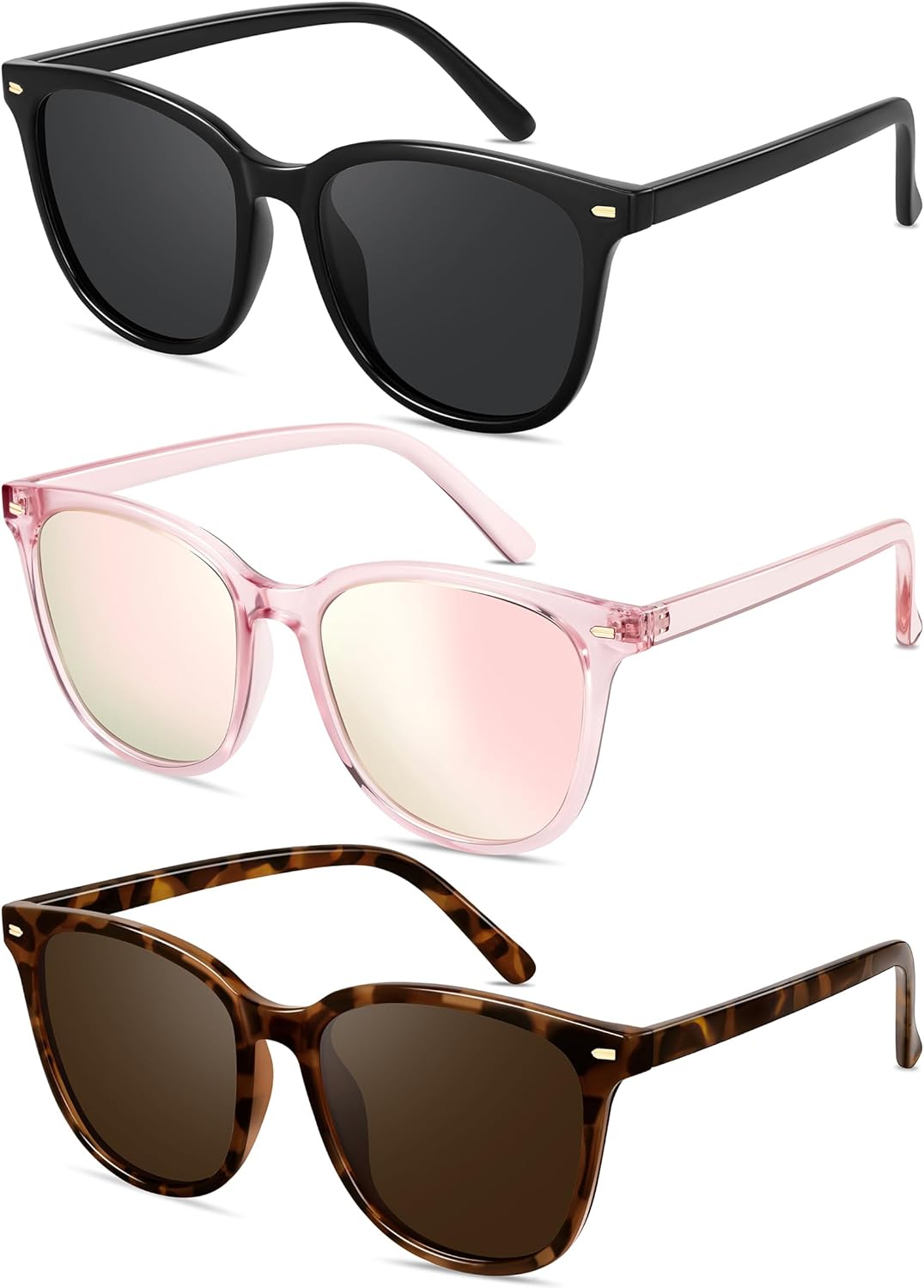 

Ретро поляризованные солнцезащитные очки для женщин и мужчин, большая оправа, винтажный стиль, модные солнцезащитные очки с линзами UV400 и защитой от ультрафиолета YMRFW, 3pack (Black/Gray+pink/Pinkmirror+tortoise/Brown)