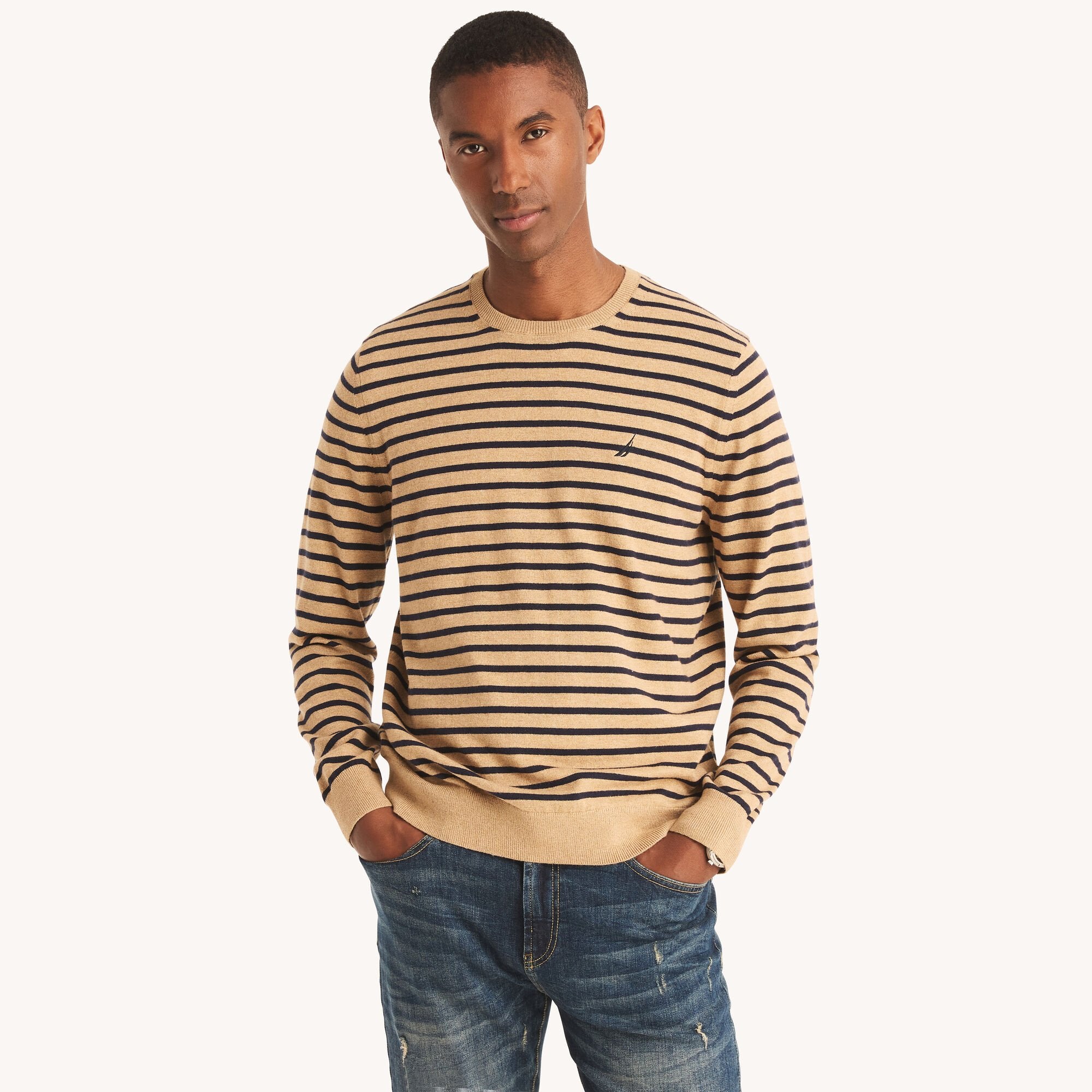 

Мужской свитер Nautica Navtech Striped Crewneck, цвет coastal camel heather bro