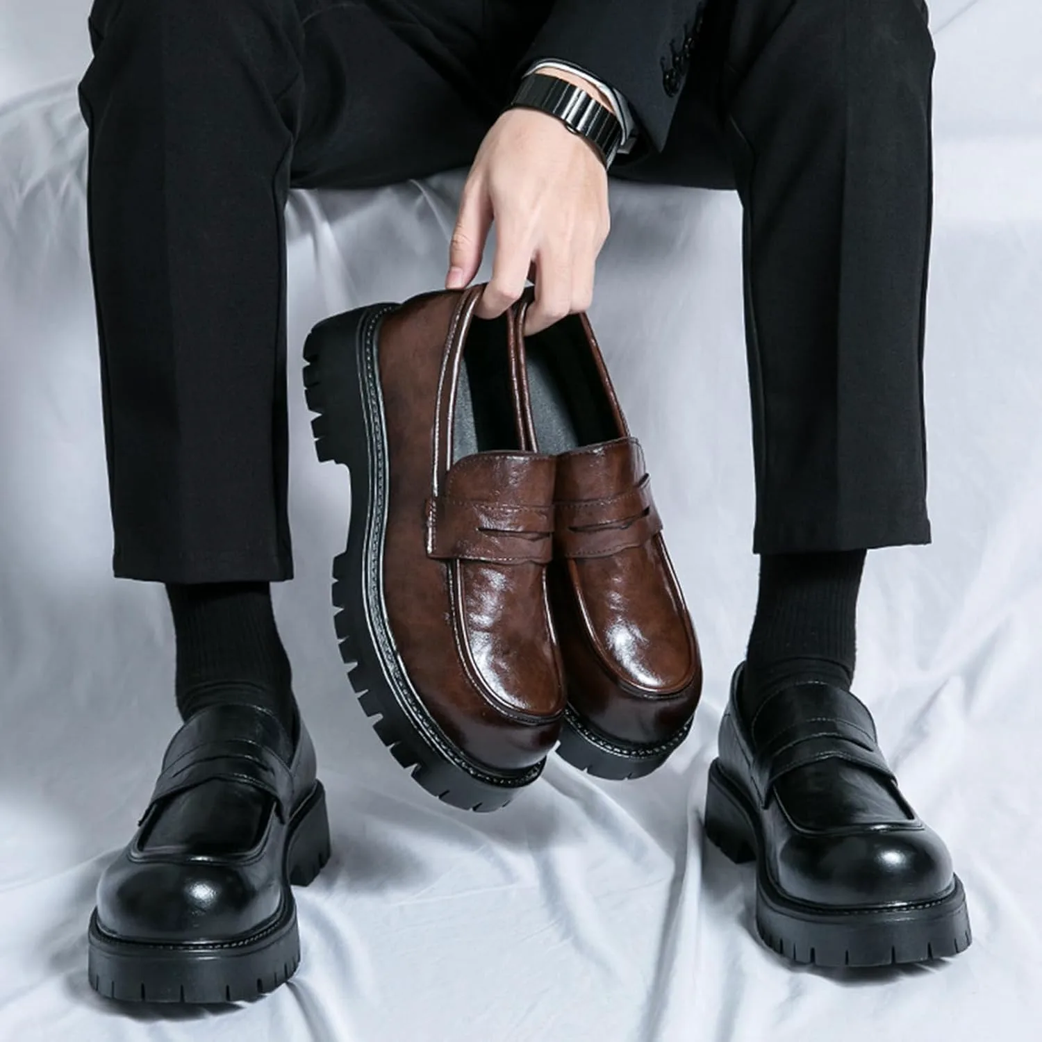

Мужские удобные мягкие кожаные лоферы на платформе с массивной подошвой, модные деловые повседневные формальные рабочие туфли, ретро с круглыми носками, противоскользящей подошвой, без шнурков, пенни-лоферы Galonfulty, коричневый