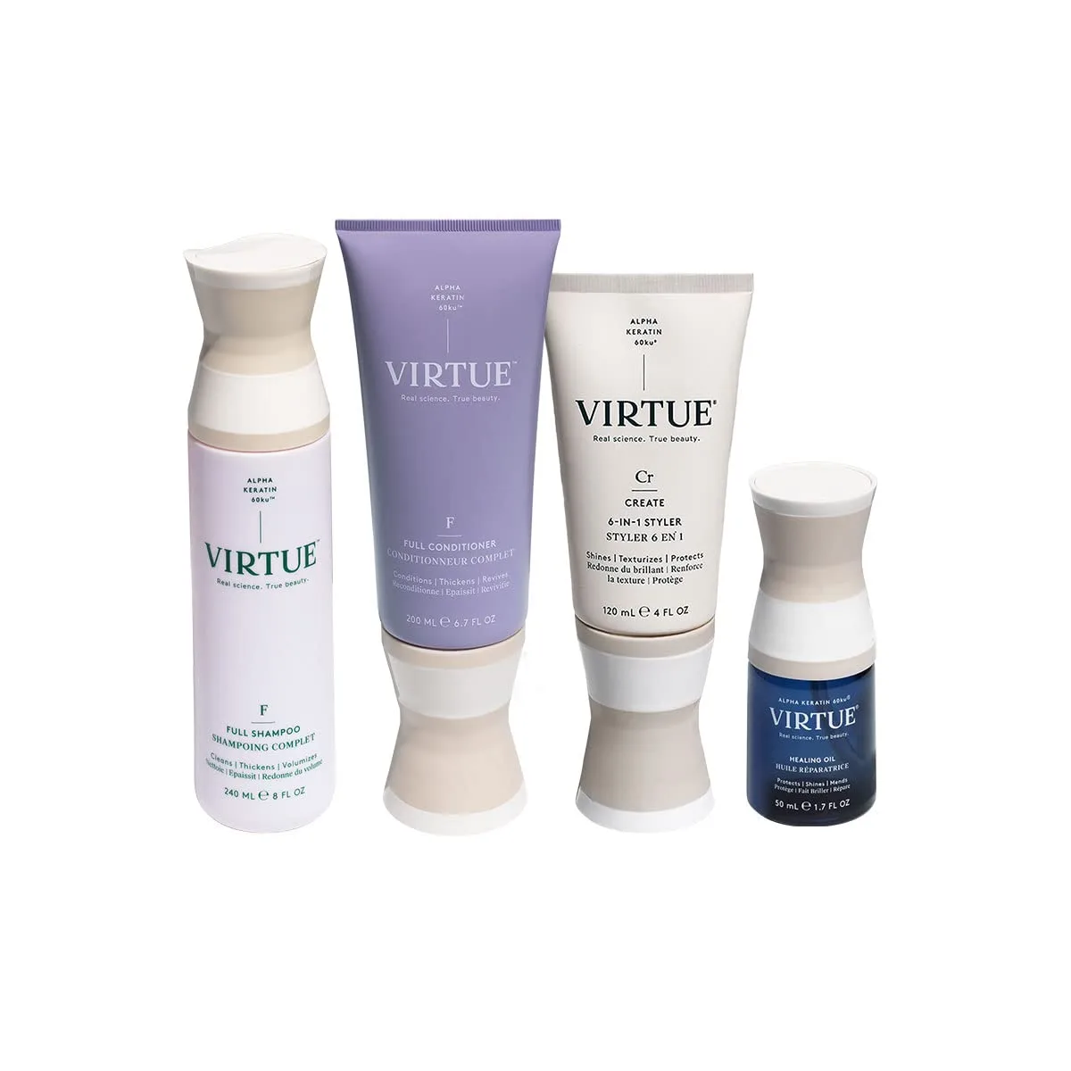 Набор Virtue Hair Care Essentials включает: восстанавливающее масло-сыворотку для поврежденных волос, полный набор шампуня и кондиционера без сульфатов для придания объема, а также стайлер 6-в-1.