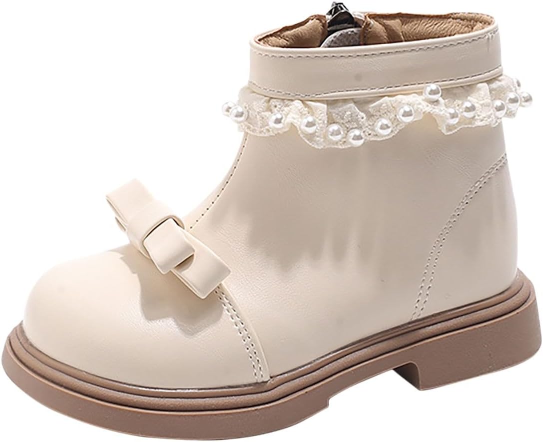 

Девочкам милые короткие ботинки с бантиком и отделкой жемчугом, принцесcкие ботиночки, осенне-зимняя мода, теплые с пушистой подкладкой, ботильоны Generic, Beige