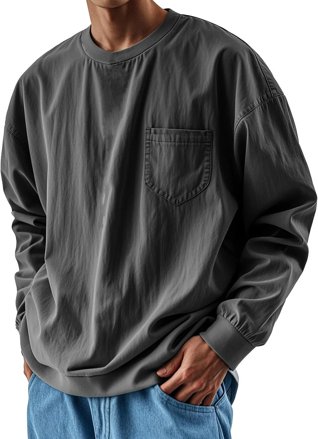 

Мужская футболка с длинным рукавом Oversized Crewneck Loose Solid Color Casual Athletic Distressed Washed с карманом QWKLEAJ