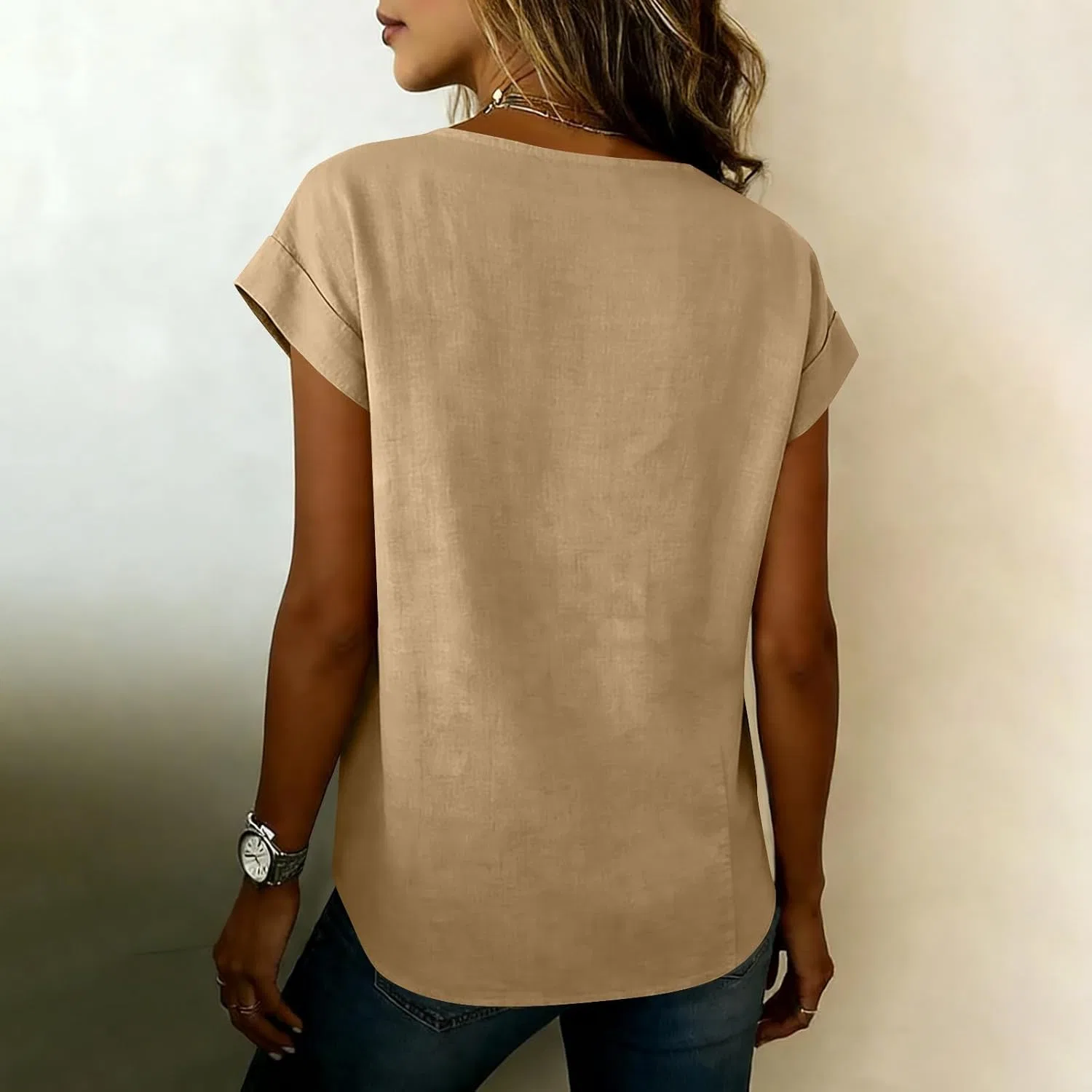 Блуза с запахом и V-образным вырезом, Cotton Linen, женская, Khaki — фото 3