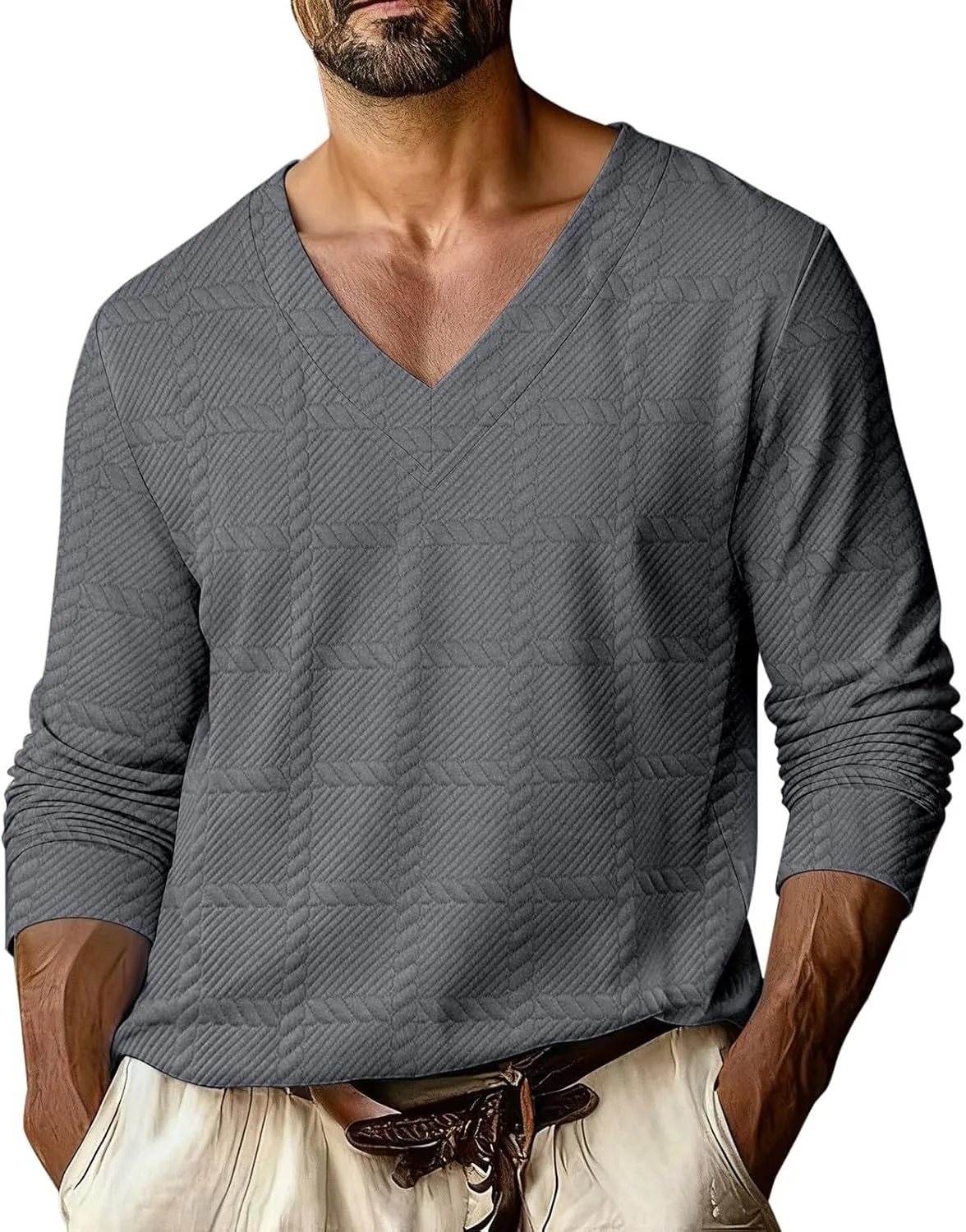 

Мужская футболка с длинным рукавом и V-образным вырезом, легкая, свободного кроя