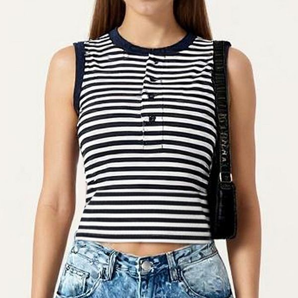 

Полосатый безрукавный трикотажный топ с застежкой на пуговицы и круглым вырезом Anna-Kaci