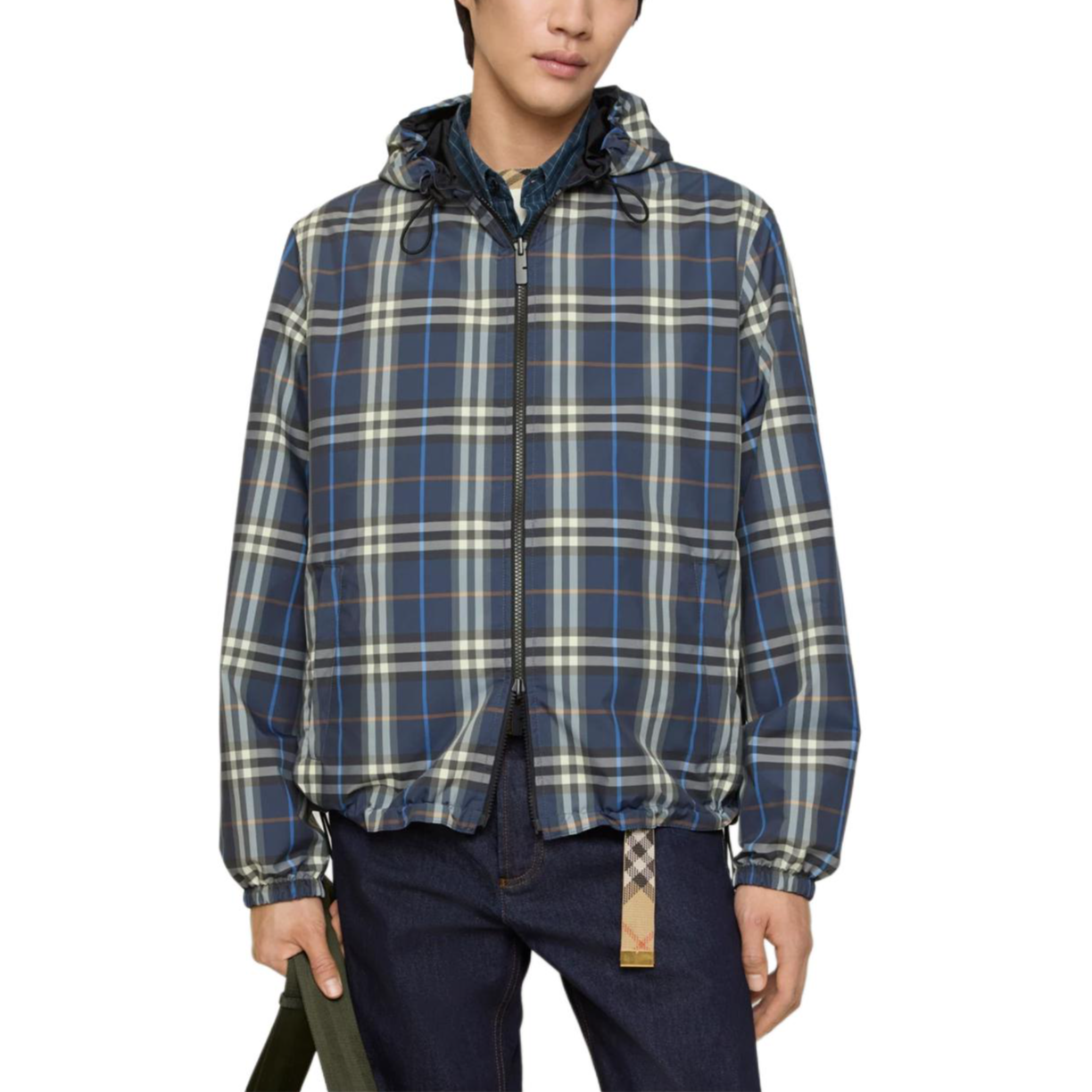 Худи Burberry с клетчатым узором на молнии, реверсивное, синее — фото 3