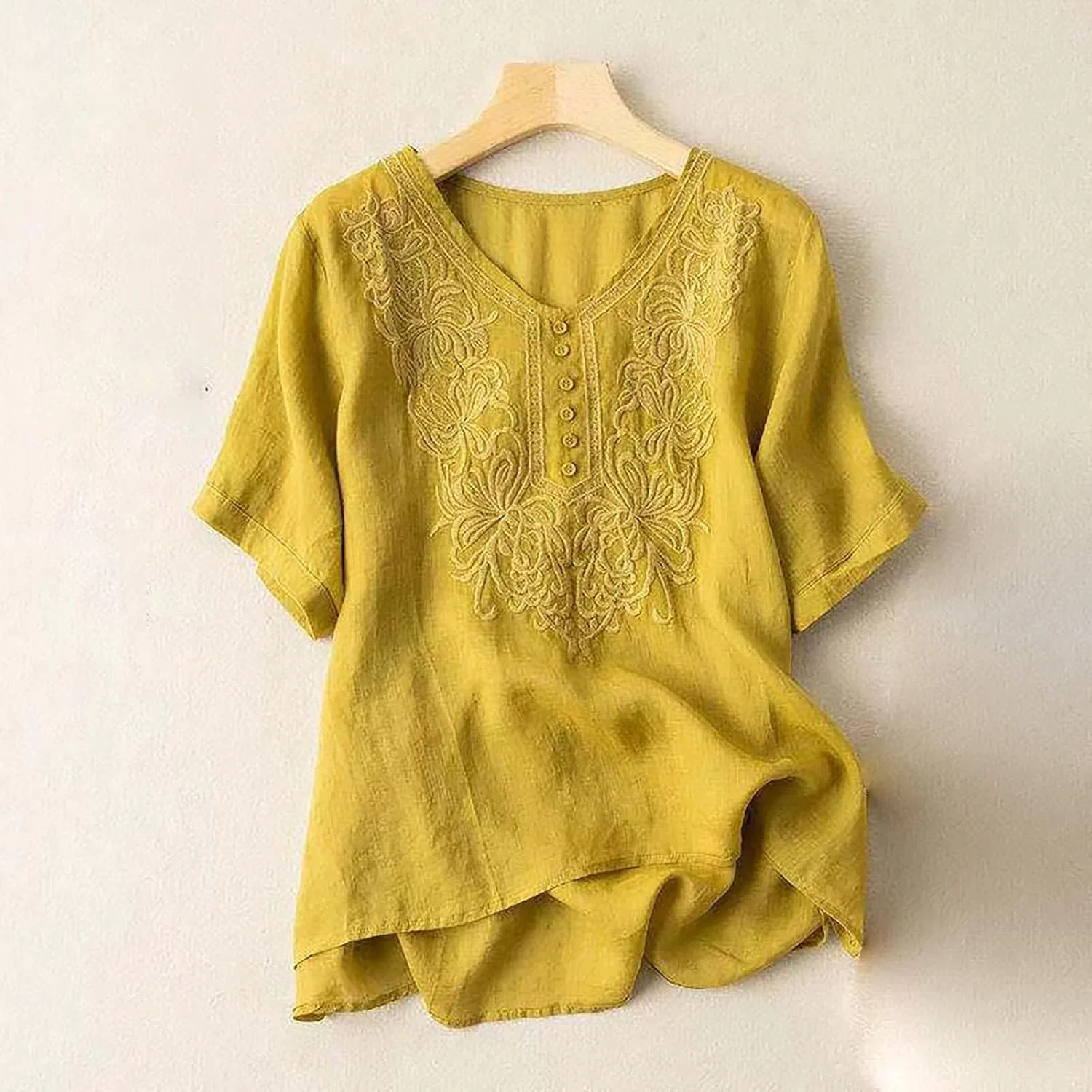 Футболка женская повседневная с запахом, короткий рукав, X5-yellow — фото 3