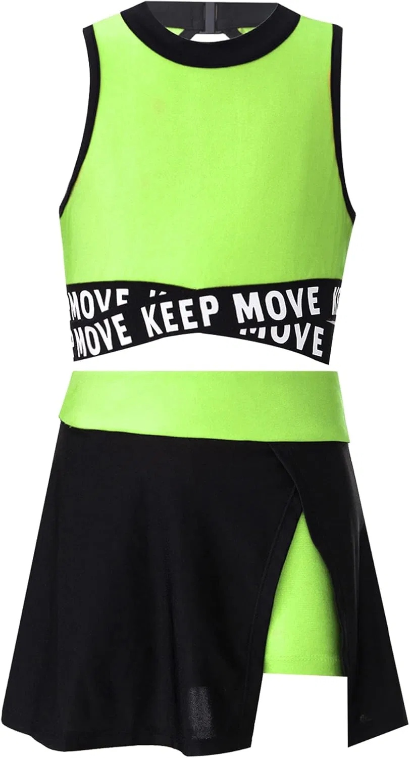 Детский спортивный костюм с топом и юбкой Moggemol, 2 предмета, Fluorescent_green — фото 3