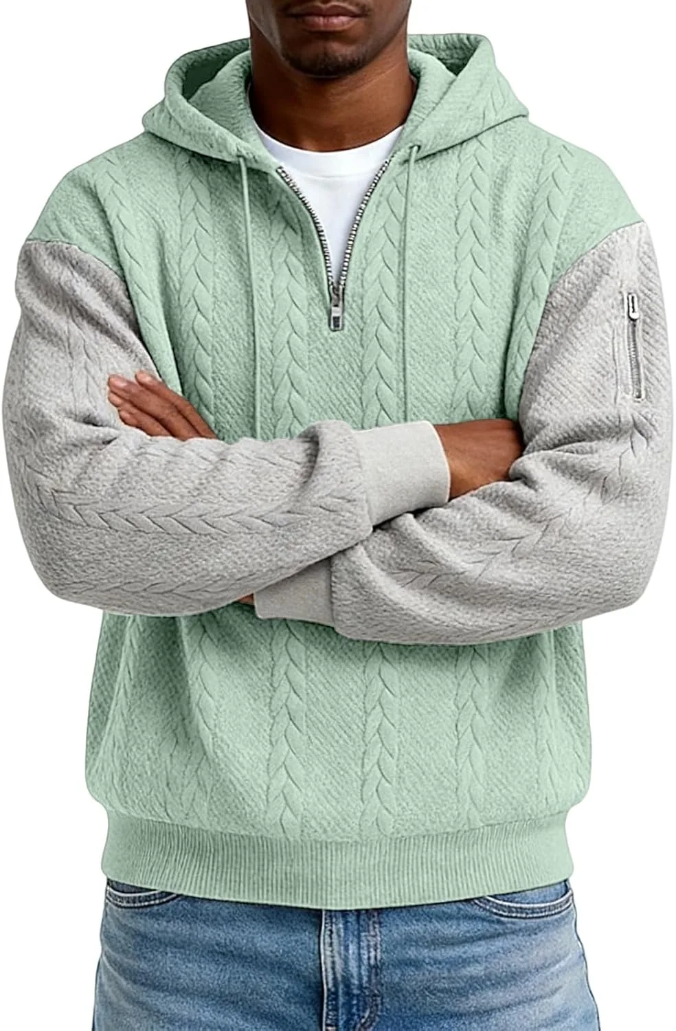 

Мужская худи с четвертью молнии, капюшон на шнурке, длинный рукав, джаккард, пэчворк