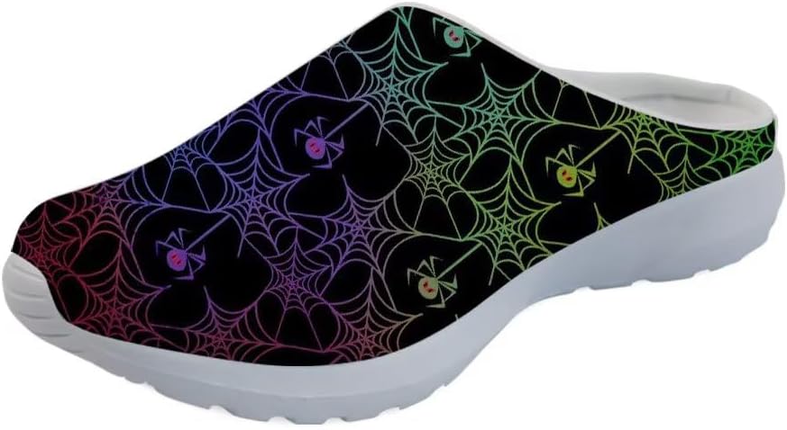 

Мужские садовые сабо GLENLCWE, женские сабо-сандалии, сетчатые пляжные тапочки для душа, повседневные мюли с поддержкой свода стопы для дома и улицы, Rainbow Spider Cobweb